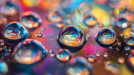 Fototapete - Vibrant Water Droplets Creating Colorful Reflections on Smooth Wet Surfaces