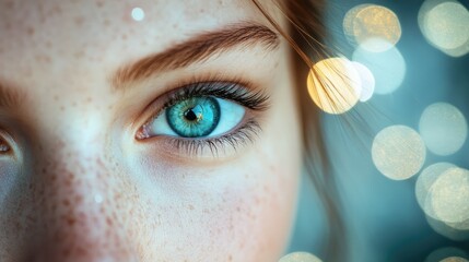 Aufkleber - Close-up of a woman's eye with stunning blue iris and soft bokeh background creating an artistic and dreamy effect in photography.