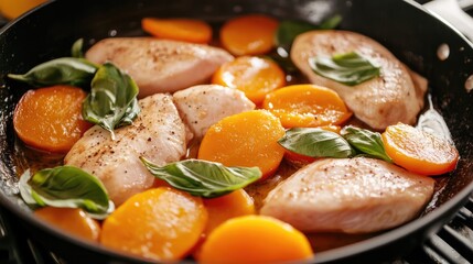 Wall Mural - Cooking Chicken with Persimmons and Fresh Basil in a Skillet Garnished with Herbs and Slices of Fruit