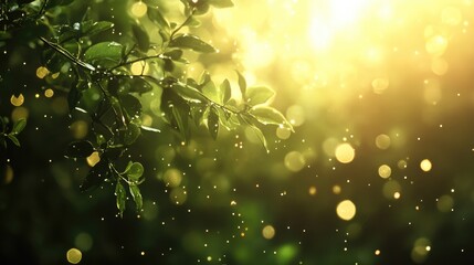 Poster - Bokeh lighting effects with natural foliage creating a serene and vibrant backdrop for various design needs