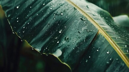 Poster - Macro shot of banana leaf showcasing raindrops and dew droplets in a serene natural backdrop conveying freshness and nature's beauty