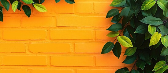 Poster - Close up of an orange brick wall surrounded by green leaves providing ample space for text or graphic design elements
