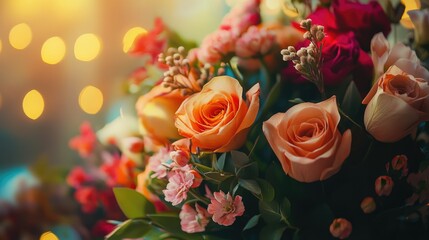 Leinwandbilder - Elegant Floral Composition of Fresh Roses and Blooms Illuminated by Soft Evening Light with Warm Bokeh Background