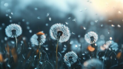 Aufkleber - Dandelion flowers in bloom with soft light creating a serene atmosphere and drifting seeds in a tranquil natural setting