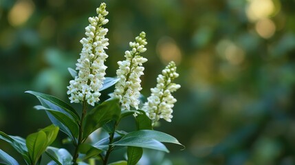 Poster - Closeup of delicate white flowers with dark green leaves and a softly blurred natural background in a serene outdoor setting.
