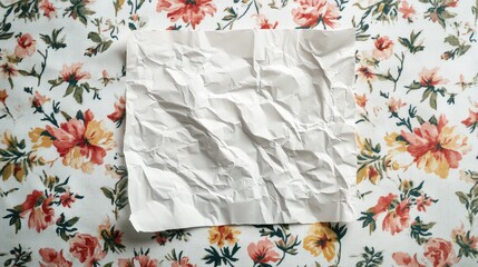 Poster - Crumpled white paper sheet on a vibrant floral background showcasing texture and design contrast for creative projects