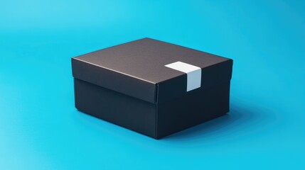 Poster - Elegant black box with white label positioned on vibrant blue background showcasing minimalist packaging and branding concept.