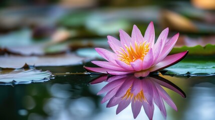 Aufkleber - Serene pink lotus flower blooming in tranquil pond with beautiful reflections on water surface and lush green lily pads in background.