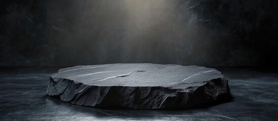Poster - Dramatic black stone display stand with spotlighting ideal for product showcases and animations featuring empty space for text placement