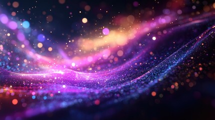 Fototapete - Colorful bokeh light effects creating a vibrant abstract background with shimmering particles and waves in shades of purple and blue