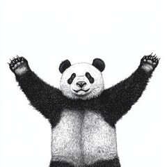 Wall Mural - Black and white illustration of a panda stretching its arms wide, standing on its hind legs, with a clean white background 