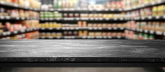Poster - Black table in foreground with blurred supermarket shelves in background ideal for product montages and advertising text space.