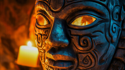 Statue of a face with candlelight and ancient mask featuring cultural symbolism in a darkened environment