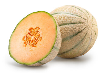 Wall Mural - Cantaloupe melon and cross cut of melon isolated on white background. File contains clipping path.