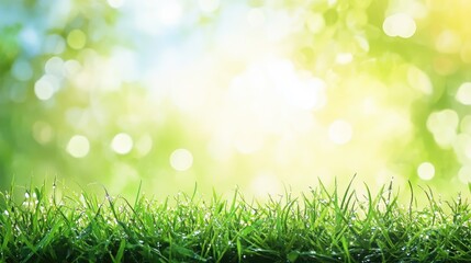 Poster - Bokeh effect of shimmering dew droplets on vibrant green grass in a sunlit garden background