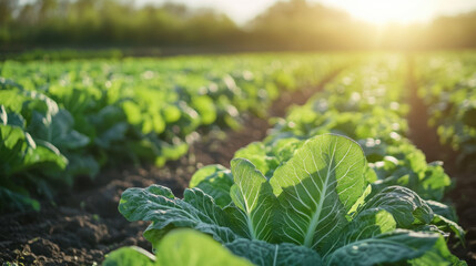 Wall Mural - close up shot of Chinese cabbage in farmland, showcasing vibrant green leaves under warm sunlight. lush rows create serene and productive atmosphere