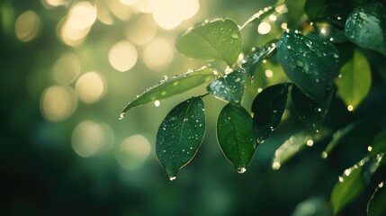 Aufkleber - Bokeh light reflecting on wet leaves with smooth shading creating a serene nature backdrop for tranquility and freshness
