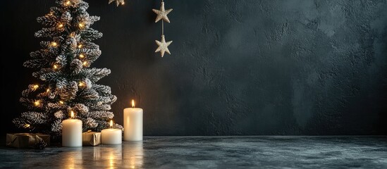 Aufkleber - Festive Black Christmas Scene Featuring Tree and Candles With Blank Space for Personalized Text or Message