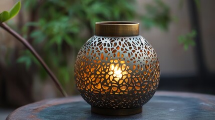 Fototapete - Elegant handcrafted round lantern with intricate pattern casting warm light in a serene outdoor setting. Perfect for ambiance decoration.