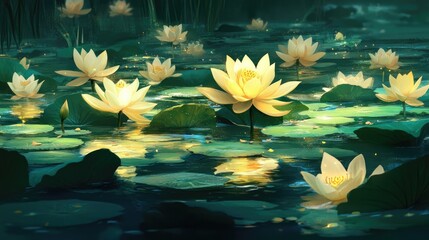 Aufkleber - Serene pond scene with blooming yellow lotus flowers surrounded by lush green leaves and tranquil water reflections