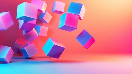 A 3D rendering of colorful cubes floating in a vibrant gradient background.