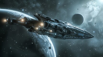 Wall Mural - a spaceship flying through space, past a planet and other celestial bodies.