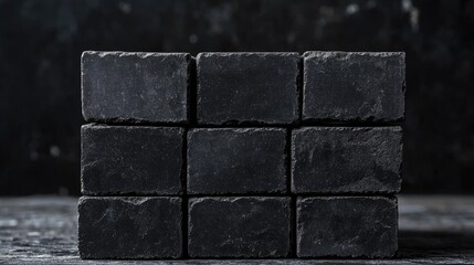 Leinwandbilder - Black brick tiles arranged on a rustic tabletop against a dark textured background for design and architecture concepts