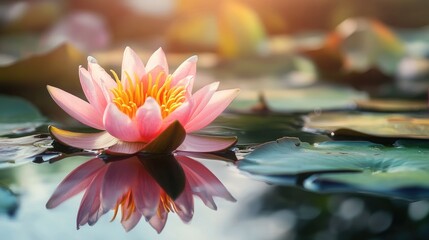 Aufkleber - Lotus flower in serene pond reflecting sunlight creating a tranquil nature scene with water lilies and gentle ripples