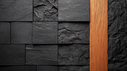 Aufkleber - Elegant Black Cement Background with Textured Square Stone and Wooden Accent for Stylish Copyspace Design