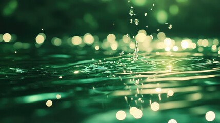 Fototapete - Bokeh green background with sunlight reflections and water droplets creating a serene and vibrant atmosphere