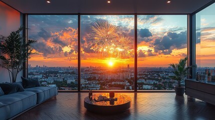 Poster - City view with sunset and fireworks.