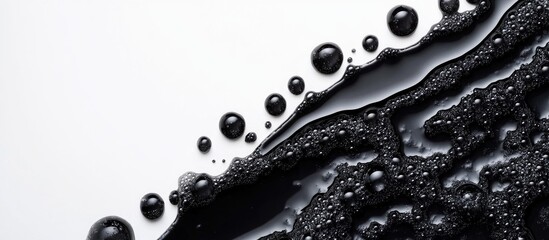 Fototapete - Viscous black tar liquid with bubbles on a white background creating a striking abstract texture and empty space for text or branding.