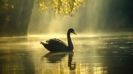 Aufkleber - Graceful black swan gliding on serene lake amidst misty morning light and lush greenery reflections.