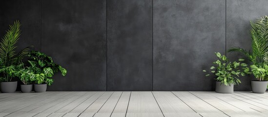 Leinwandbilder - Grunge Black Concrete Wall with Textured Grey Finish and Potted Plants Creating a Stylish Minimalist Background for Copyspace