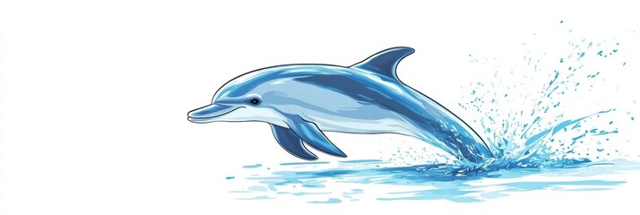 Poster - Dolphin leaping joyfully in the ocean under a bright sunny sky with splashes of water all around. Generative AI