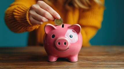 Wall Mural - Coin inserted into piggy bank.