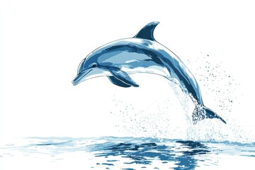 Poster - Dolphin leaps gracefully above ocean surface in vibrant blue illustration showcasing marine life. Generative AI