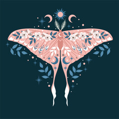 Wall Mural - colorful illustration with moth, flowers, floral elements and moon. spring motifs.