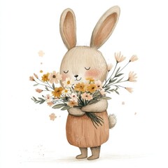 Poster - Cute rabbit character happily holding a colorful bouquet of flowers in a whimsical and cheerful style. Generative AI