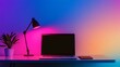 © Ali - Workplace with laptop note pad and glowing lamp on studying desk at night isolated on a colorful background