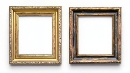 Gold frames, vintage and ornate, isolated on white background. Ideal for photographs, artwork or paintings, adding vintage luxury and elegance to any wall or gallery