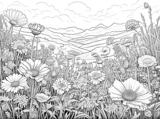 Sticker - Coloring sketch of flowers field, number 9