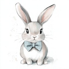 Aufkleber - Cute illustrated rabbit wearing a blue bow tie with a soft and friendly expression in a simple background. Generative AI