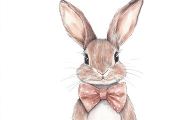 Poster - Cute illustrated rabbit wearing a polka dot bow tie standing against a plain white background in a whimsical style. Generative AI