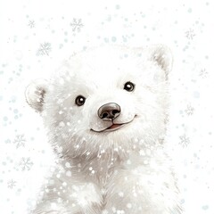 Poster - Cute polar bear cub smiling in a snowy landscape with falling snowflakes during winter. Generative AI