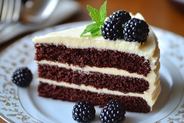 Wall Mural - Delicious chocolate cake with cream and blackberries showing layers