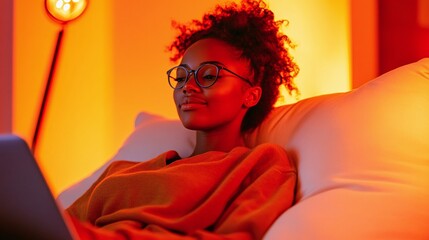 African American female programmer with eyeglasses using laptop on white beanbag chair in vibrant orange office lighting at night.