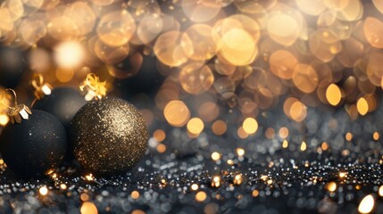 Poster - Festive black and gold Christmas ornaments enhance the ambiance with golden bokeh lights and a sparkling background, embodying holiday cheer