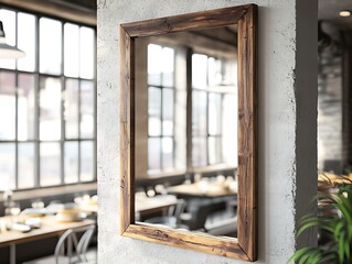 Bold wooden mirror in an industrial loft, reflecting minimalistic furniture