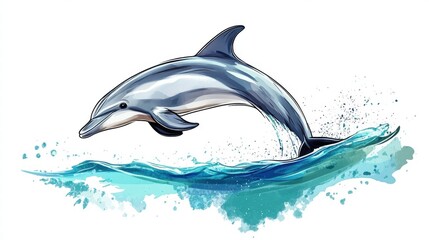 Poster - Dolphin leaps joyfully over ocean waves in vibrant illustration capturing marine life at play during sunny day. Generative AI